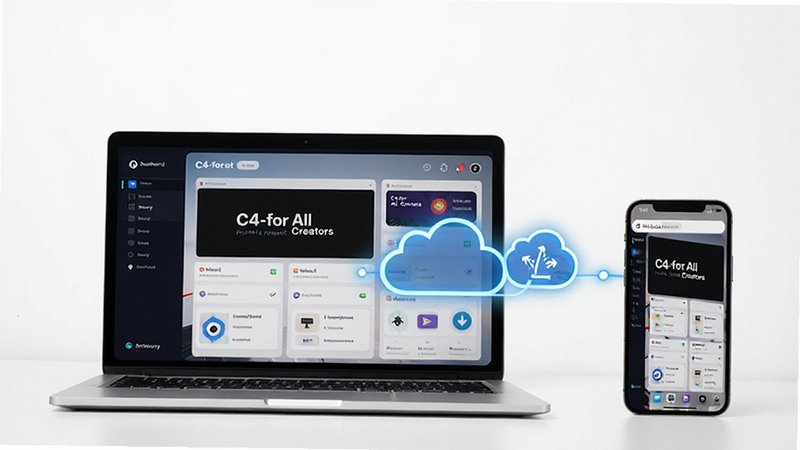 A laptop and a smartphone side by side, both displaying the C4-for All Creators project dashboard, connected by a visual cloud sync icon, modern tech aesthetic, clean lines, white background