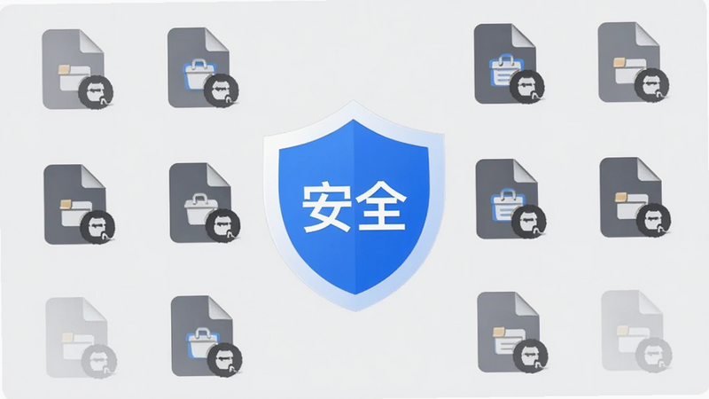 翻山甲APP隐私清理界面,盾牌图标居中,周围环绕着被清除的文件图标,背景为浅灰色,盾牌为蓝色,带有“安全”字样,界面干净利落,高清,无多余装饰