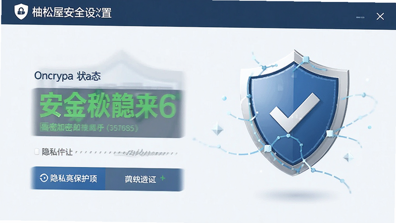 柚松屋安全设置界面,展示加密状态与隐私保护选项,背景安全盾牌图标,风格专业、可信,画质高清,无杂乱元素