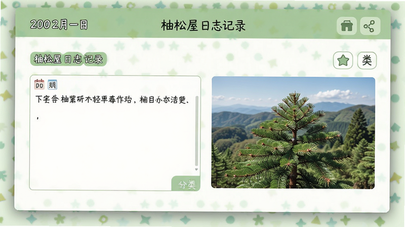 柚松屋日志记录界面,展示文本输入框与图片预览区域,布局整齐,配色清新,包含日期标签与分类图标,风格扁平化,画质细腻,无杂乱背景