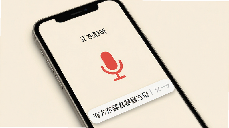 主体为手机界面,展示方言翻译器APP的主屏幕,背景为柔和的米白色,中央有一个醒目的红色麦克风图标,上方显示“正在聆听”状态,下方有实时滚动的文字识别区域,布局简洁清晰,采用扁平化设计风格,细节处有轻微阴影增加立体感,画质高清,干净无多余元素