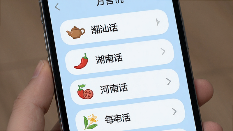 主体为手机界面,展示方言选择列表,背景为浅蓝色,列表中包含“潮汕话”、“湖南话”、“河南话”等选项,每个选项旁有对应的方言特色图标,如茶壶、辣椒等,布局为垂直列表,风格现代简约,细节处有圆角矩形背景,画质清晰,干净无多余元素