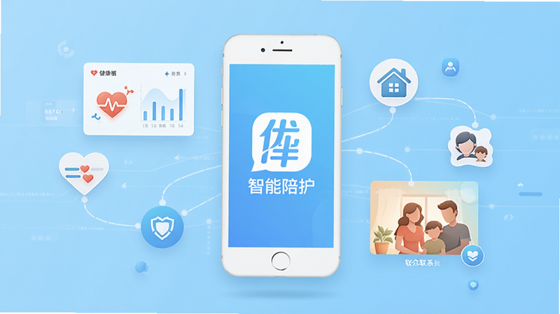 优伴APP主界面全景展示,浅蓝色科技背景,中央悬浮白色智能手机模型,屏幕显示优伴LOGO及“智能陪护”字样,周围环绕着健康数据图表、家庭联系图标及温馨家庭剪影,扁平化设计风格,高清渲染,无多余元素,干净利落