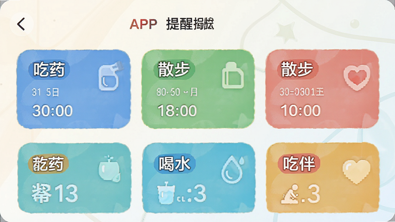 优伴APP任务提醒列表页,显示多个彩色标签的任务卡片,如“吃药”、“散步”、“喝水”,时间清晰标注,背景淡雅,体现秩序感与高效管理,高清细节,无杂乱元素