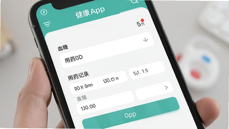 优伴APP健康记录输入界面,显示血糖、用药记录表单,界面简洁,输入框清晰,体现数据录入的便捷性,高清细节,无水印