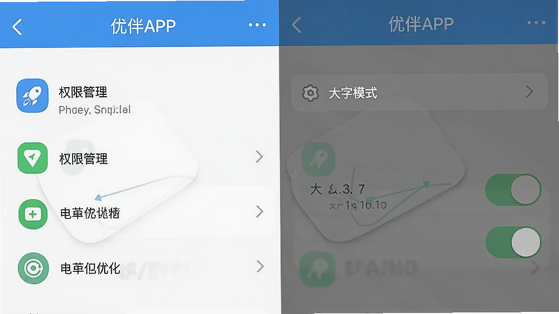 优伴APP设置界面预览,显示权限管理、电池优化选项及大字模式开关,界面清晰,图标直观,体现用户友好的设置逻辑,高清细节,无杂乱元素