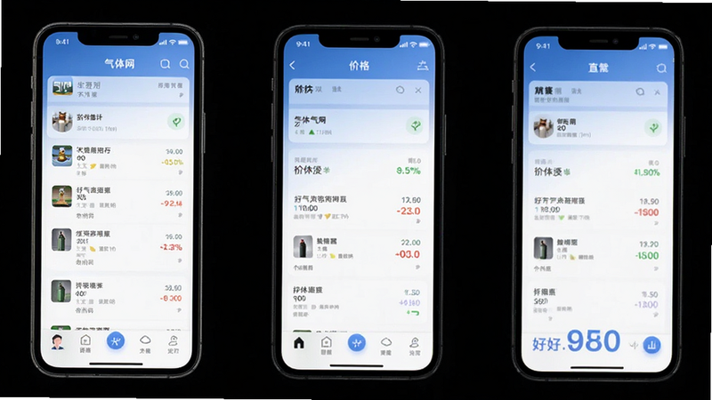 好气网App界面预览图,展示气体列表与价格信息,风格现代简洁,清晰易读