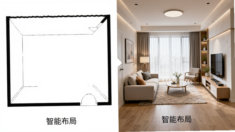 AI室内大师功能演示图,展示从空白户型到自动家具摆放的对比过程,左侧为空白房间轮廓,右侧为AI生成的沙发、茶几、电视柜布局,线条清晰,色彩柔和,现代简约风格,文字标注