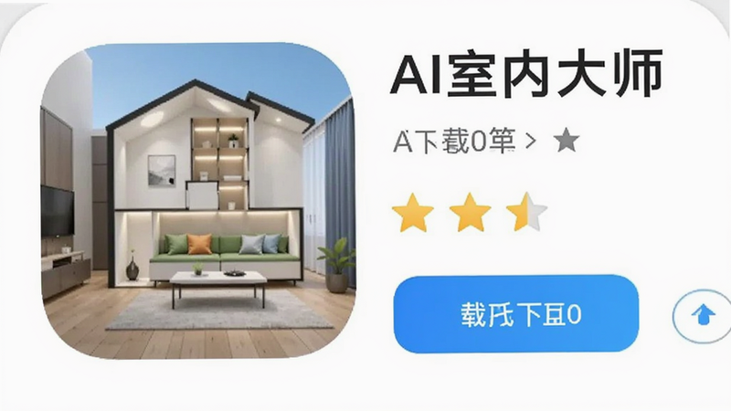 AI室内大师 官方图标与应用商店页面截图,展示下载按钮与评分,清晰文字