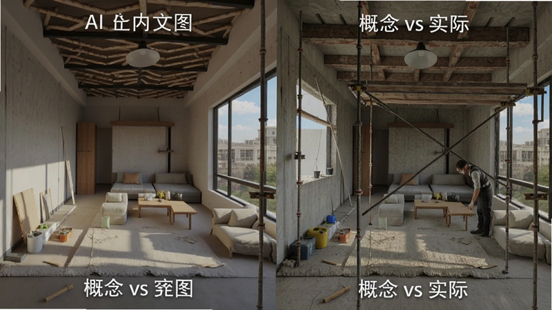 AI室内大师 概念方案与实际施工对比图,左侧AI生成效果图,右侧施工现场照片,对比明显,文字标注