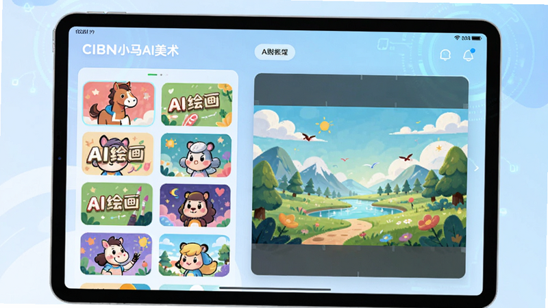 CIBN小马AI美术应用界面预览图,展示一个平板电脑上打开的App首页,左侧是色彩丰富的AI绘画教程列表,右侧是一个正在生成中的卡通风格风景画,背景是柔和的浅蓝色渐变,整体风格现代、简洁、科技感强,文字清晰显示