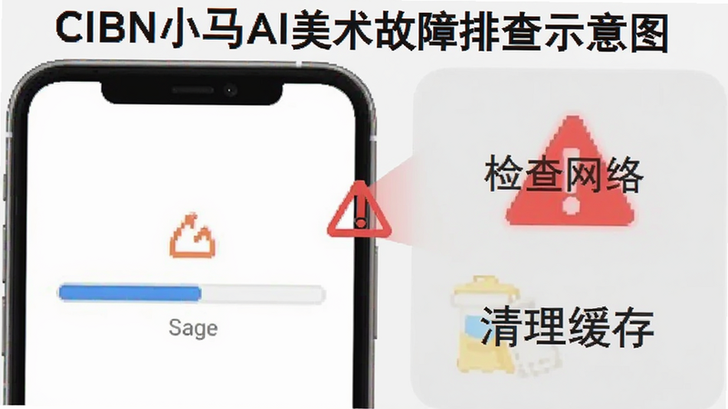 CIBN小马AI美术故障排查示意图,显示一个手机屏幕出现加载进度条停滞,旁边有红色警告图标,背景为浅灰色,文字提示