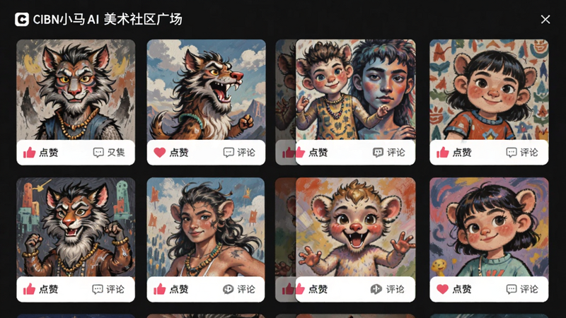 CIBN小马AI美术社区广场,展示用户上传的多样化绘画作品网格,每个作品下方有点赞图标和评论数,背景为深灰色,突出作品色彩,氛围活跃
