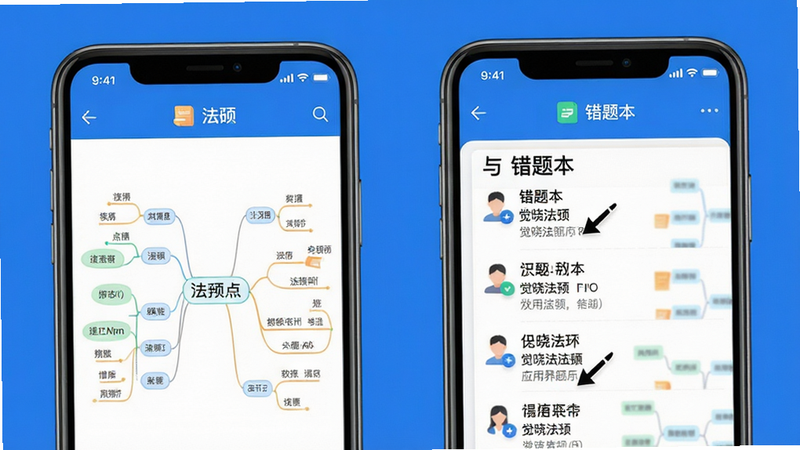 觉晓法硕应用界面展示,手机屏幕显示法硕知识点思维导图与错题本列表,蓝色背景,现代扁平化UI设计,清晰文字排版,无多余元素,高清晰度,干净