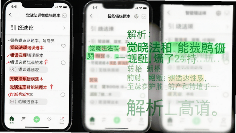 觉晓法硕智能错题本界面,显示红色标记的错误选项与绿色解析文字,手机APP风格,简洁明了,白色背景,高对比度