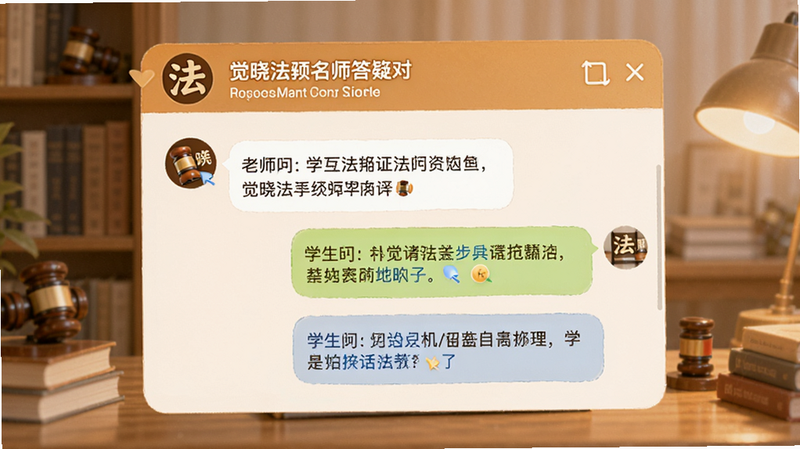 觉晓法硕名师答疑对话界面,聊天窗口显示老师回复与学生提问,图标为法典符号,温暖色调,友好用户体验