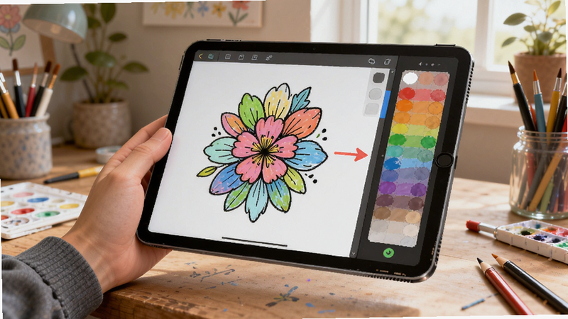 Boogu-Image style: creative workspace, main subject: a hand holding a tablet showing a pre-drawn floral template ready for coloring, layout: side view perspective, details: colorful palette selection on the right side of screen, soft natural light, quality: 3D render, detailed textures, vibrant colors