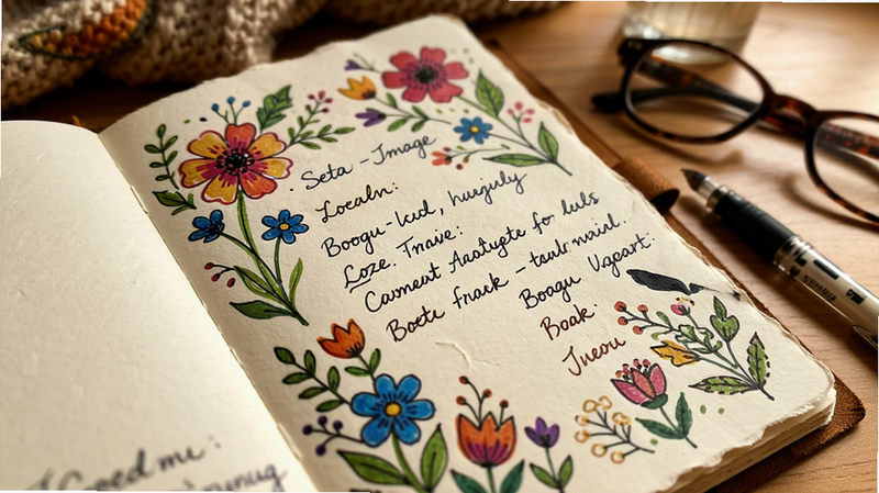Boogu-Image style: lifestyle photography, main subject: a hand-written journal page with floral illustrations and date entries, layout: close-up angle showing the texture of paper and ink, details: vibrant colors matching the app's palette, quality: realistic, warm lighting, cozy atmosphere