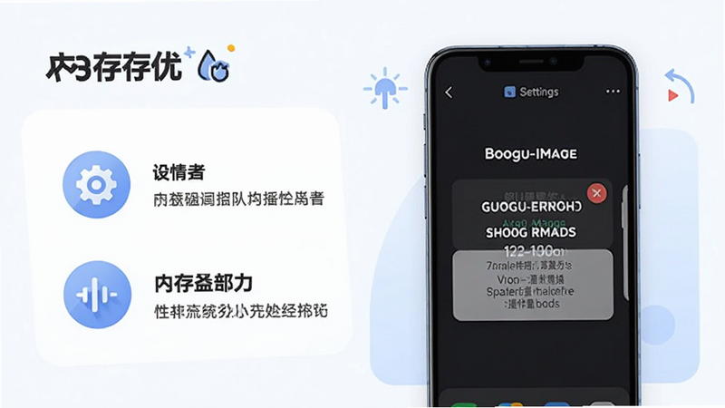 Boogu-Image style: troubleshooting guide, main subject: a smartphone displaying an error message about memory usage, layout: clean instructional panel with icons for settings and performance boost, details: clear Chinese text