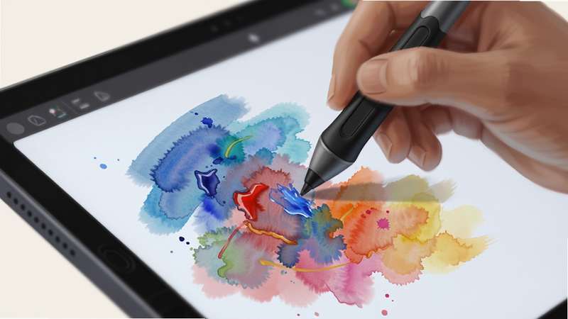 Boogu-Image style: digital art illustration, main subject: close-up of a stylus on a tablet screen creating vibrant watercolor strokes, layout: diagonal composition focusing on the interaction between tool and canvas, details: visible pigment texture and blending effects, quality: photorealistic rendering, soft lighting, clean background