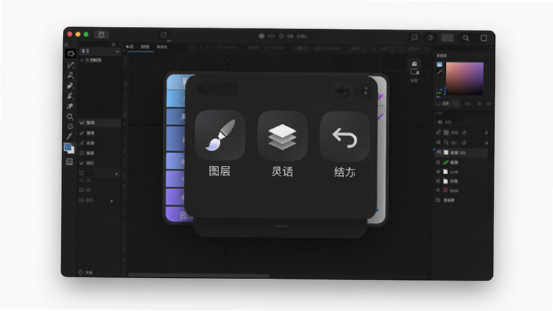 Boogu-Image style: UI design mockup, main subject: floating layers panel with icons for brush, layer, and undo functions, layout: grid-based interface on a dark mode screen, details: clear labels in Chinese characters