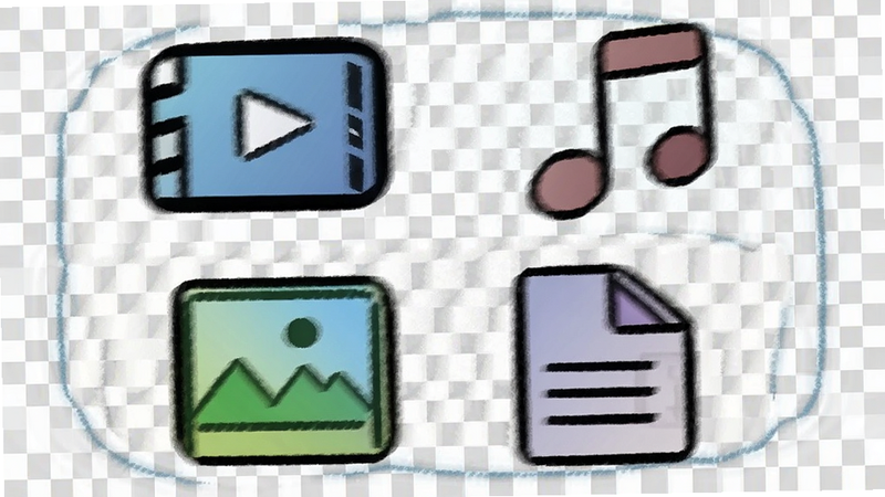 万能格式在线转换功能图标,展示视频、音频、图片、文档四种格式图标,排列整齐,背景透明,矢量风格,清晰线条,无文字