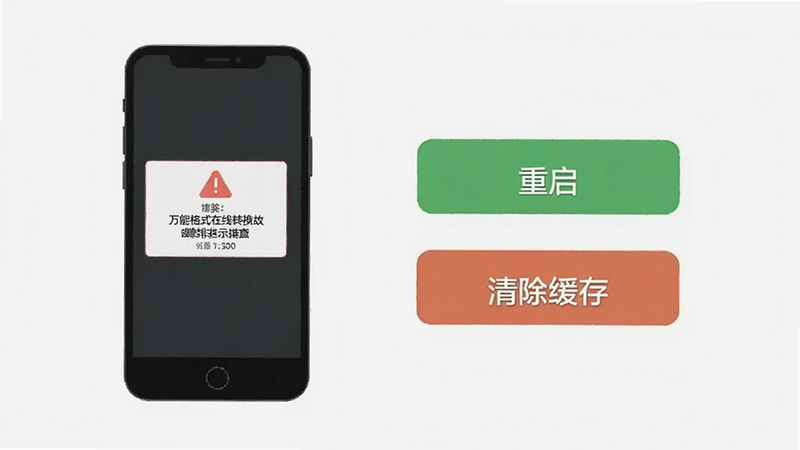 万能格式在线转换故障排查示意图,显示手机屏幕上有错误提示,旁边有“重启”和“清除缓存”按钮,简洁风格,无多余文字