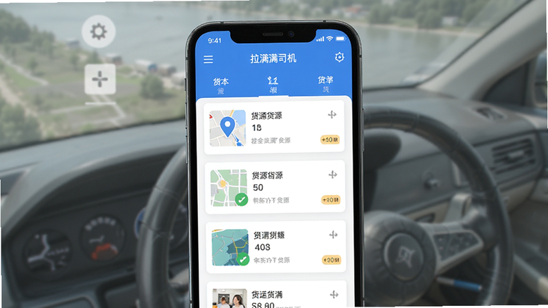 拉满满司机端APP界面预览图,手机屏幕展示货运接单列表,蓝色调UI设计,简洁现代风格,包含地图定位图标和货源卡片,高清画质,干净无多余元素