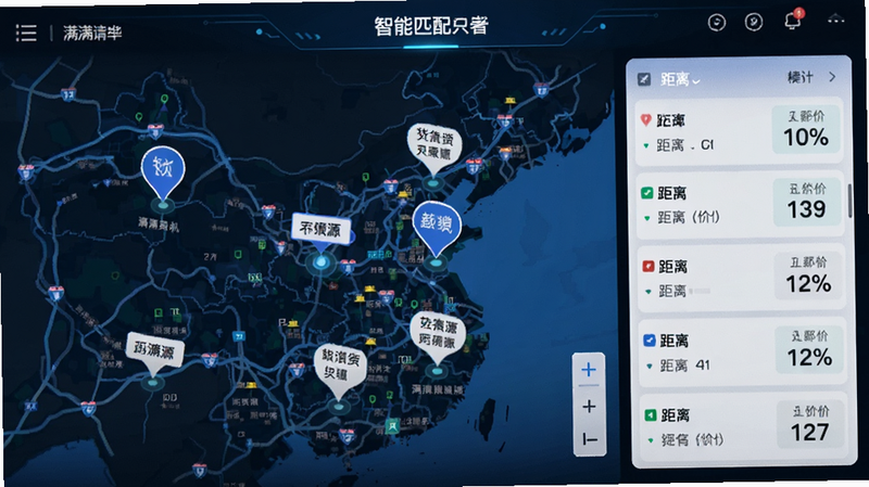 拉满满司机端智能匹配界面,地图上有多个货源标记,列表显示距离与价格,科技感风格,清晰文字标签
