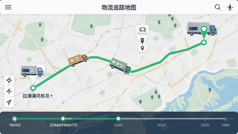 拉满满司机端物流追踪地图,显示货车轨迹路线,绿色线条连接起点终点,时间轴展示,扁平化设计