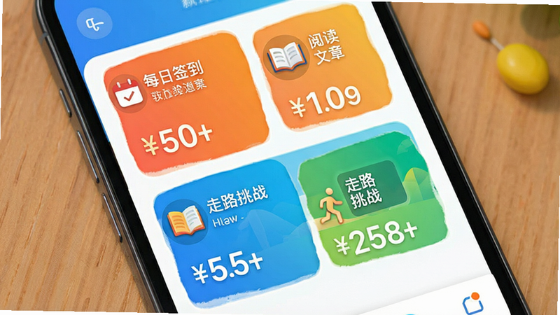 手机界面展示多个任务卡片,包括“每日签到”、“阅读文章”、“走路挑战”,每个卡片上有对应的图标和奖励金额,布局整齐,色彩鲜艳,风格为现代UI设计