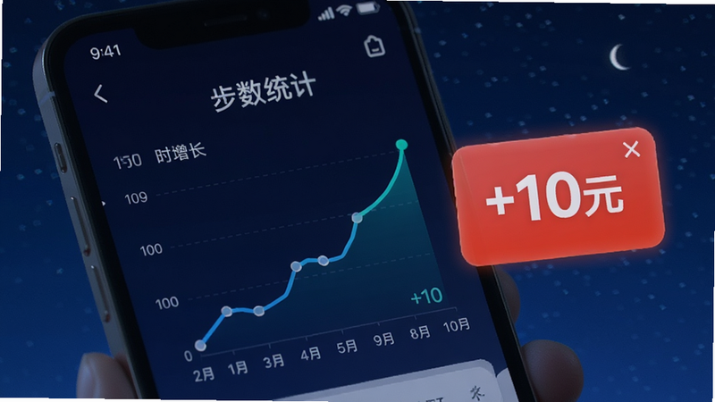 特写镜头展示手机屏幕上的步数统计图表,折线图显示步数随时间增长,旁边有一个醒目的红色“+10元”奖励提示框,背景为深蓝色夜空风格,突出科技感