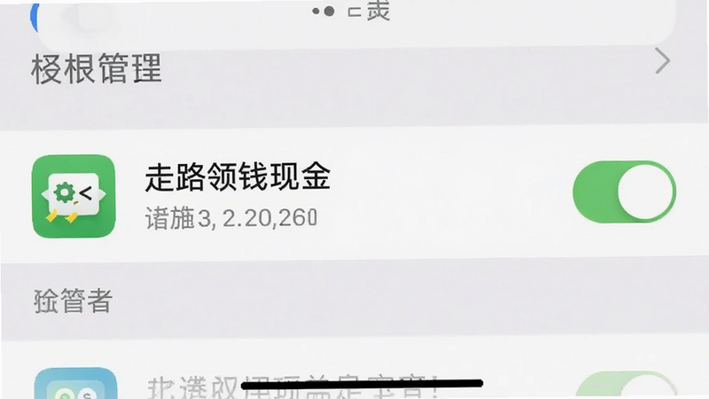 手机设置界面截图,显示权限管理菜单,突出“走路领钱现金”应用的权限开关,背景为白色,文字清晰