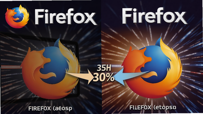 Firefox速度对比图,左侧为旧版慢速加载,右侧为新版快速加载,箭头指向速度提升30%字样,背景为速度线特效,软件名称Firefox醒目