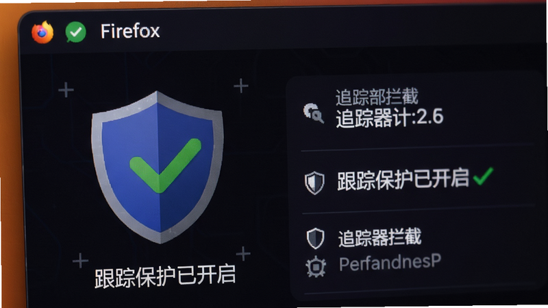 Firefox隐私保护功能界面特写,显示盾牌图标、追踪器拦截计数列表,背景为暗色模式,突出安全盾牌和绿色对勾,文字标注“跟踪保护已开启”