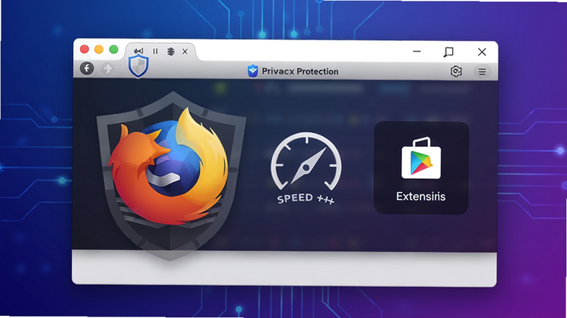 Firefox浏览器全貌展示,界面简洁,展示隐私保护盾牌、速度图标、扩展商店入口及同步功能元素,背景为科技蓝紫色渐变,突出安全与高效