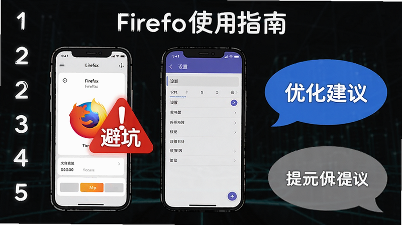 Firefox使用指南插图,展示手机安装界面、设置菜单截图,红色警告图标标注“避坑”,蓝色优化建议气泡,灰色提示气泡,背景为操作步骤编号