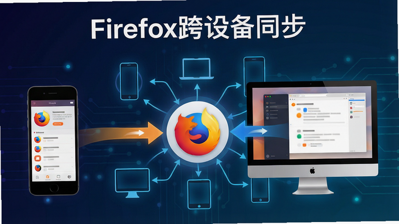 Firefox同步功能示意图,展示手机与电脑之间数据流动动画,中间显示Mozilla账号图标,背景为多设备连接线条,顶部文字“Firefox跨设备同步”