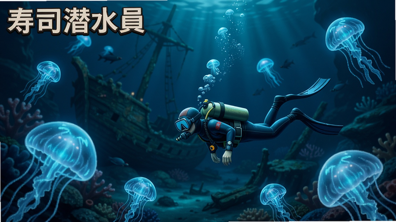 《寿司潜水员》游戏截图:一名潜水员在布满发光水母的深海区域游动,背景是沉船遗迹,水母的蓝色光芒照亮周围,营造神秘氛围,画面极具沉浸感