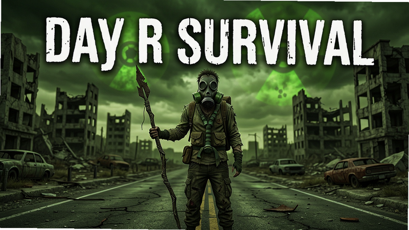 A post-apocalyptic wasteland scene with a lone survivor in a gas mask standing on a ruined road, holding a makeshift spear, radioactive green sky, destroyed buildings in background. Central bold text
