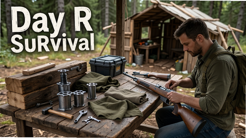 A crafting table with wood, metal, cloth, and a survivor assembling a rifle. Background shows a partially built shelter. Text