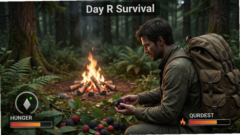 A survivor gathering berries in a forest with a backpack, campfire nearby, showing hunger and thirst meters on HUD. Text