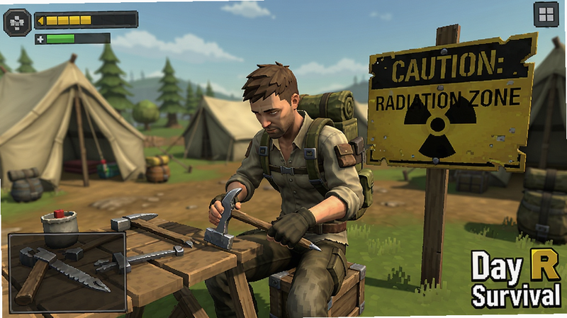A survivor in a camp crafting tools, nearby warning sign