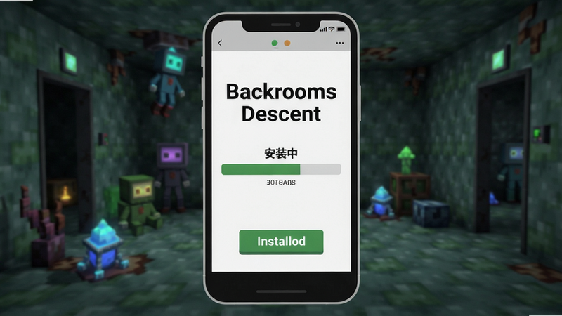 展示手机屏幕上的游戏安装过程示意图,背景为Backrooms场景,图中显示“安装中”进度条,文字“Backrooms Descent”清晰可见。布局简洁居中,风格扁平化,细节包括手机边框、安装按钮。画质干净,无多余元素。