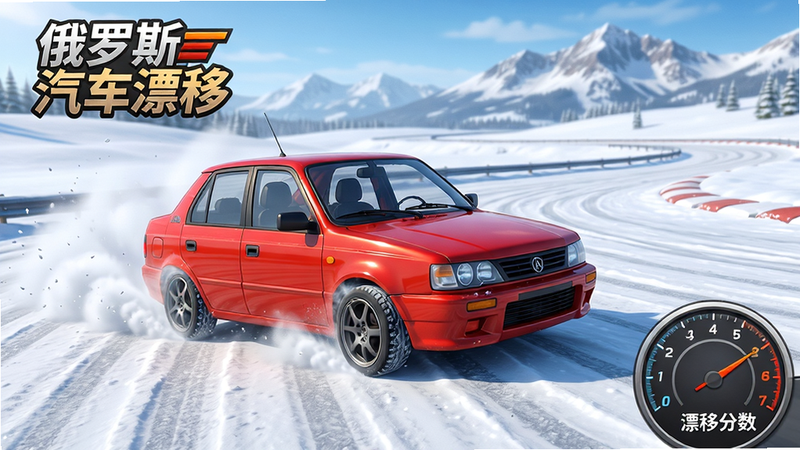 主体:俄罗斯汽车漂移游戏主界面,一辆红色拉达轿车在雪地赛道上进行漂移,车身倾斜,轮胎扬起雪花。布局:车辆位于画面中央偏左,背景是茫茫雪原和远处山脉。排版:画面左上角有游戏logo“俄罗斯汽车漂移”,右下角显示速度仪表盘和漂移分数。风格:写实卡通混合,色彩明亮鲜艳,细节丰富。画质:高清,光影真实,雪地纹理清晰,无多余元素