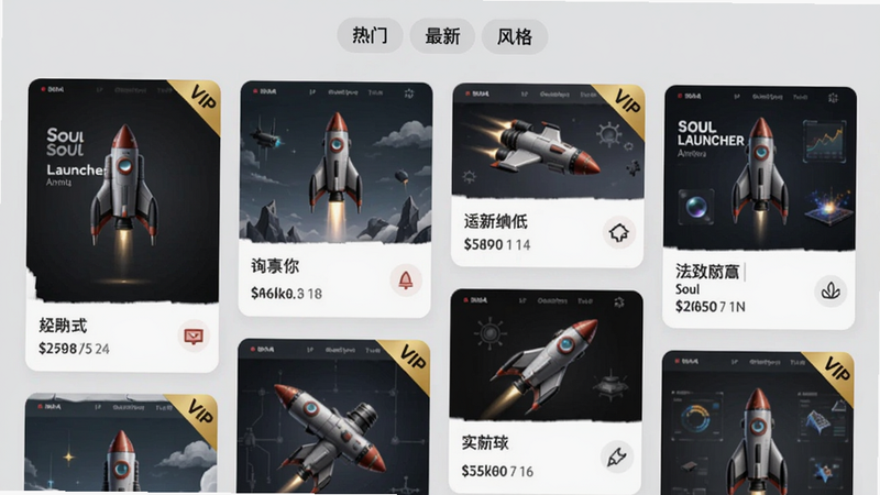 主体为Soul Launcher的主题工坊界面截图,顶部为分类标签(热门、最新、风格),下方网格排列多个主题卡片(每张卡片显示主题预览图、名称和下载量)。布局采用瀑布流,风格为现代卡片设计,细节上部分主题带有VIP角标,背景为浅灰色,画质精细干净。