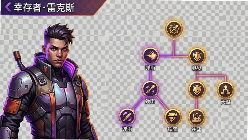 主体:游戏角色天赋树界面,左侧人物半身像,右侧为树状技能节点;布局:左人物右技能,节点之间有连线表示升级路径;排版:垂直树状结构,已解锁节点高亮金色;风格:赛博朋克风格,紫色与橙色渐变,节点微光;画质:高清透明背景,节点图标清晰可辨;文字:最上方“幸存者雷克斯”名字,下方天赋分支名称如“弹雨”“铁壁”;无多余元素。