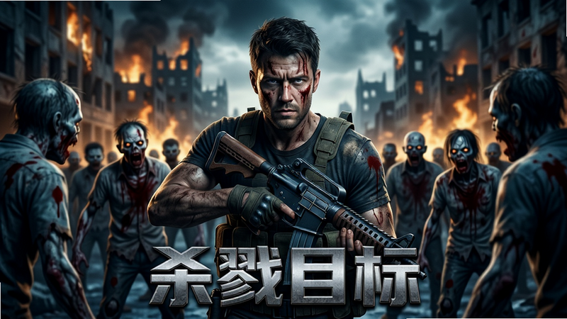 主体:一名持枪的幸存者面对成群僵尸;布局:中心构图,幸存者在前方,背景是燃烧的城市废墟;排版:横版宽幅,人物居中,僵尸从四周涌来;风格:暗黑写实,配合冷色调与血迹细节,人物皮肤有尘土感;画质:4K超清,光线对比强烈,突出紧张氛围;文字:画面底部居中显示“杀戮目标”游戏标题,字体为粗体带金属质感;干净无多余元素。