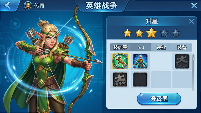 主体:英雄战争角色养成界面,左侧展示一位传奇品质的英雄(精灵弓箭手),右侧显示升星面板,包含星级、技能等级、装备槽;布局:左右分栏,左侧立绘高清,右侧数据表格;排版:竖屏手机界面,顶部有“英雄战争”标题;风格:卡通UI,蓝色科技感背景,按钮圆润;细节:英雄立绘有动态光晕,升级按钮高亮提示;画质:超清,界面干净无杂乱元素。