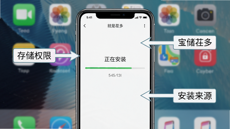 「就是茬多」手机安装界面示意图,手机屏幕显示“正在安装”进度条,背景为桌面图标排列。画面以手机为中心,周围有箭头标注“存储权限”和“安装来源”设置项,文字清晰,画质细腻,干净无多余元素。